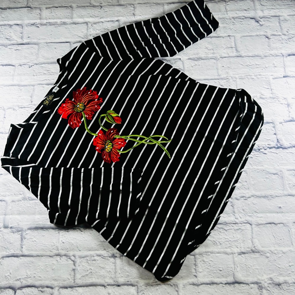 Bob Mackie Wearable Art Striped Floral Embroidered Long Sleeve Top Black White L